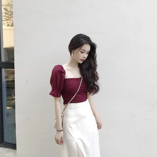 Court Style Square Collar Top High Waist Side Slit Skirt For Women Wine Red Top - Shop at LoveMi