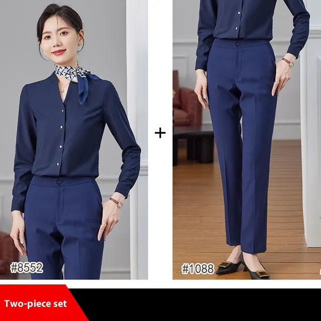 Long Sleeve White Shirt Women's Autumn Suit Bottoming Shirt Inner Wear Business Suit Dark Blue Shirt And Blue Pants - Shop at LoveMi