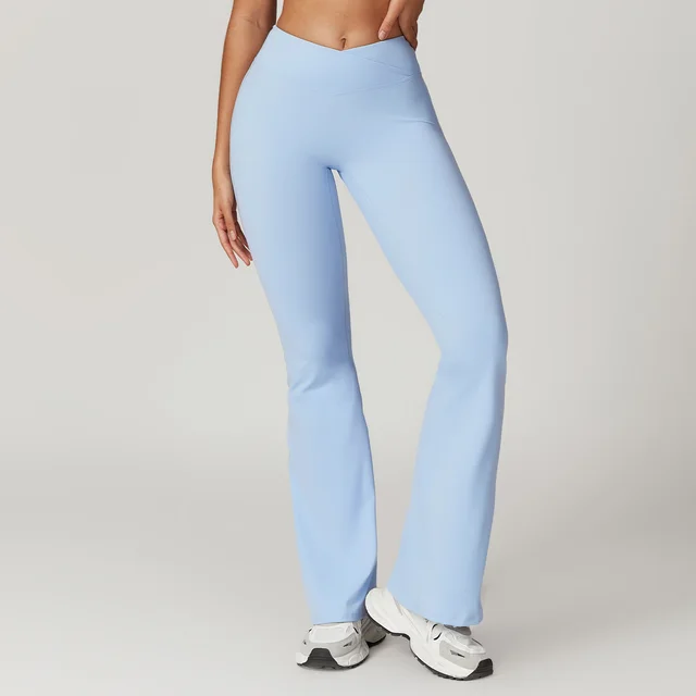 Hip Lifting Yoga Bell bottom Pants Nude Feel Cross High Waist Sky Blue - Shop at LoveMi
