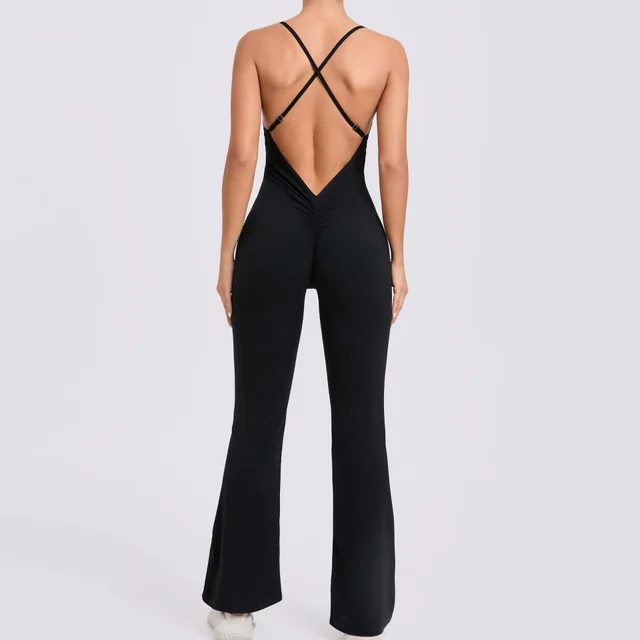 Adjustable Shoulder Strap Horn Yoga Jumpsuit Black - Shop at LoveMi