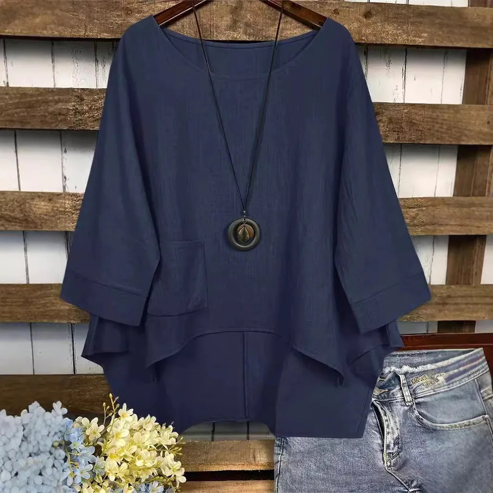 Summer Fashion Plus Size Round Neck Pocket Solid Color Irregular Blouse Navy - Shop at LoveMi