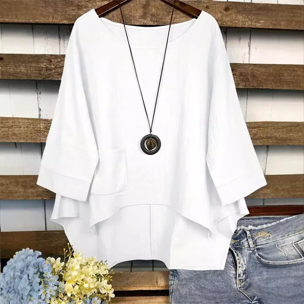 Summer Fashion Plus Size Round Neck Pocket Solid Color Irregular Blouse - White