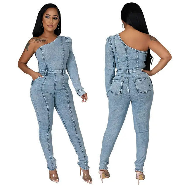 Autumn New Fried Salt Washing Craft Unilateral Sleeve Jumpsuit Light Blue - Shop at LoveMi