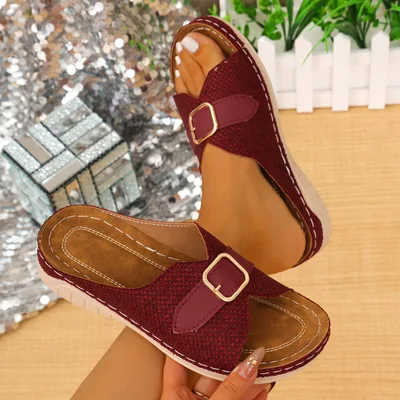 Summer Buckle Wedges Sandals Peep toe Platform Slippers Women's Thick soled Beach Shoes Wine - Shop at LoveMi