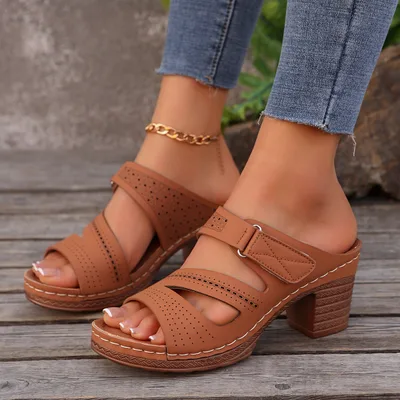 Square heeled Peep toe Slides Shoes Summer Casual Chunky Heel Sandals Solid Color Slippers Brown - Shop at LoveMi
