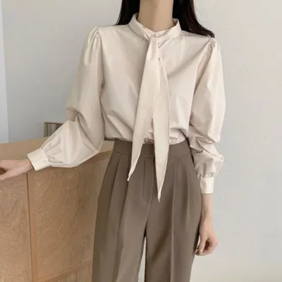 Spring New Gentle Lace up Bow Tie Design Puff Sleeve Solid Color Shirt For Women Apricot - Shop at LoveMi