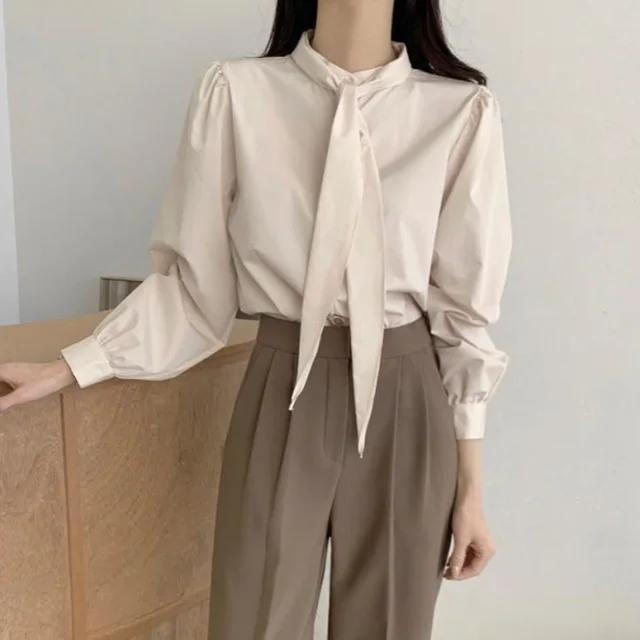 Spring New Gentle Lace up Bow Tie Design Puff Sleeve Solid Color Shirt For Women Apricot - Shop at LoveMi