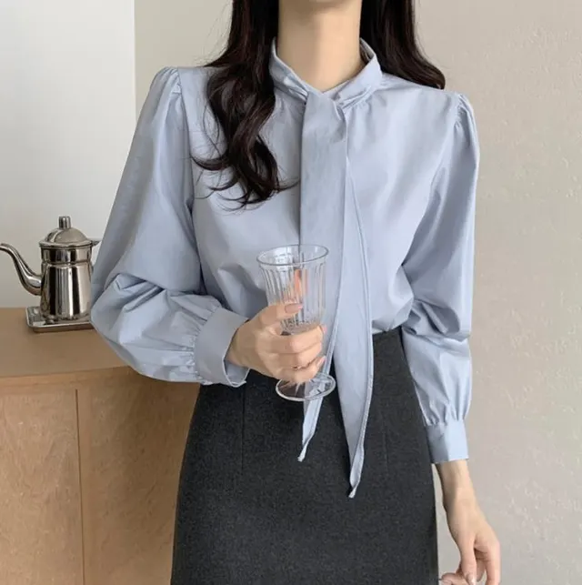 Spring New Gentle Lace up Bow Tie Design Puff Sleeve Solid Color Shirt For Women Blue - Shop at LoveMi