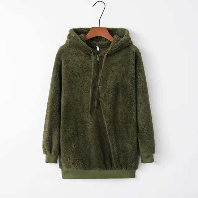European And American Long Sleeve Hooded Solid Color Women's Fleece Pullover Coat Army Green - Shop at LoveMi
