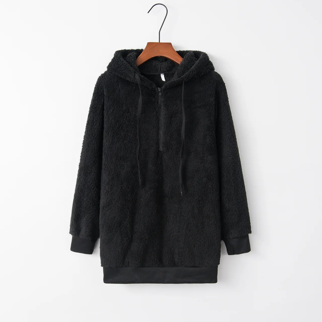 European And American Long Sleeve Hooded Solid Color Women's Fleece Pullover Coat - Black