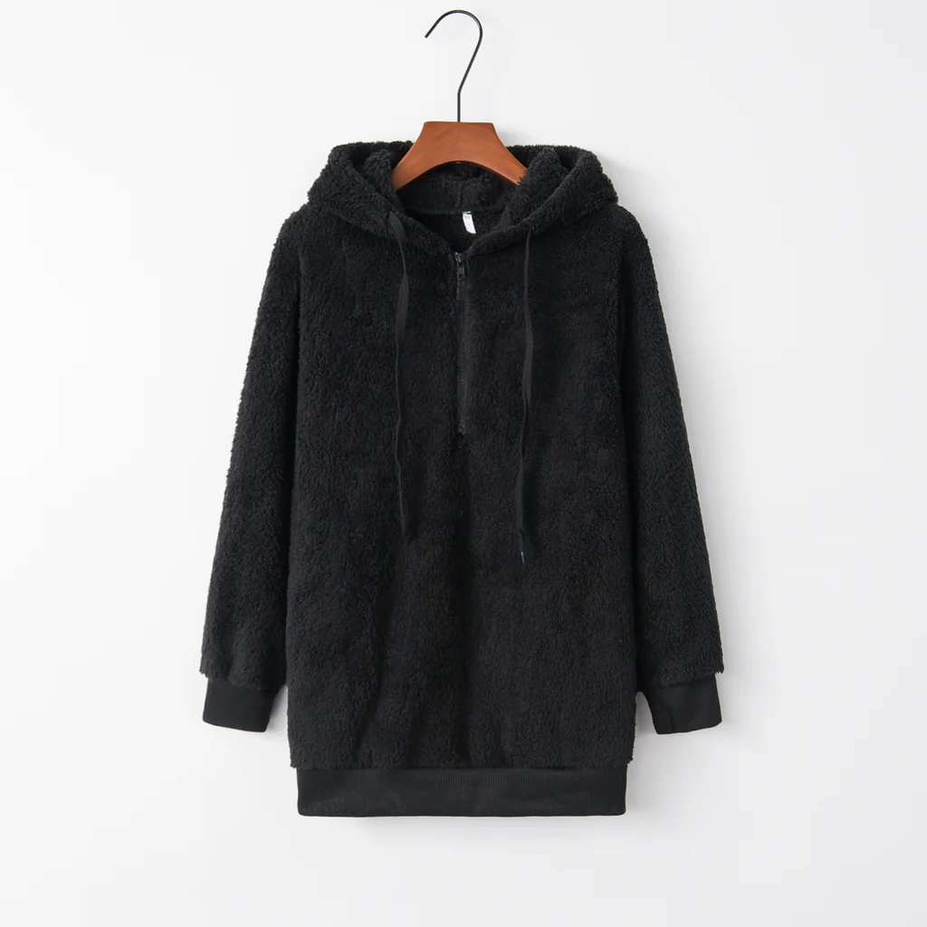 European And American Long Sleeve Hooded Solid Colour Women's Fleece Pullover Coat - Black