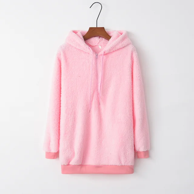 European And American Long Sleeve Hooded Solid Color Women's Fleece Pullover Coat Bright Pink - Shop at LoveMi
