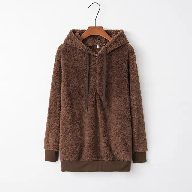 European And American Long Sleeve Hooded Solid Color Women's Fleece Pullover Coat Brown - Shop at LoveMi