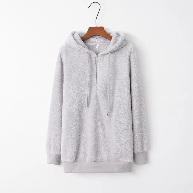 European And American Long Sleeve Hooded Solid Color Women's Fleece Pullover Coat Light Gray - Shop at LoveMi