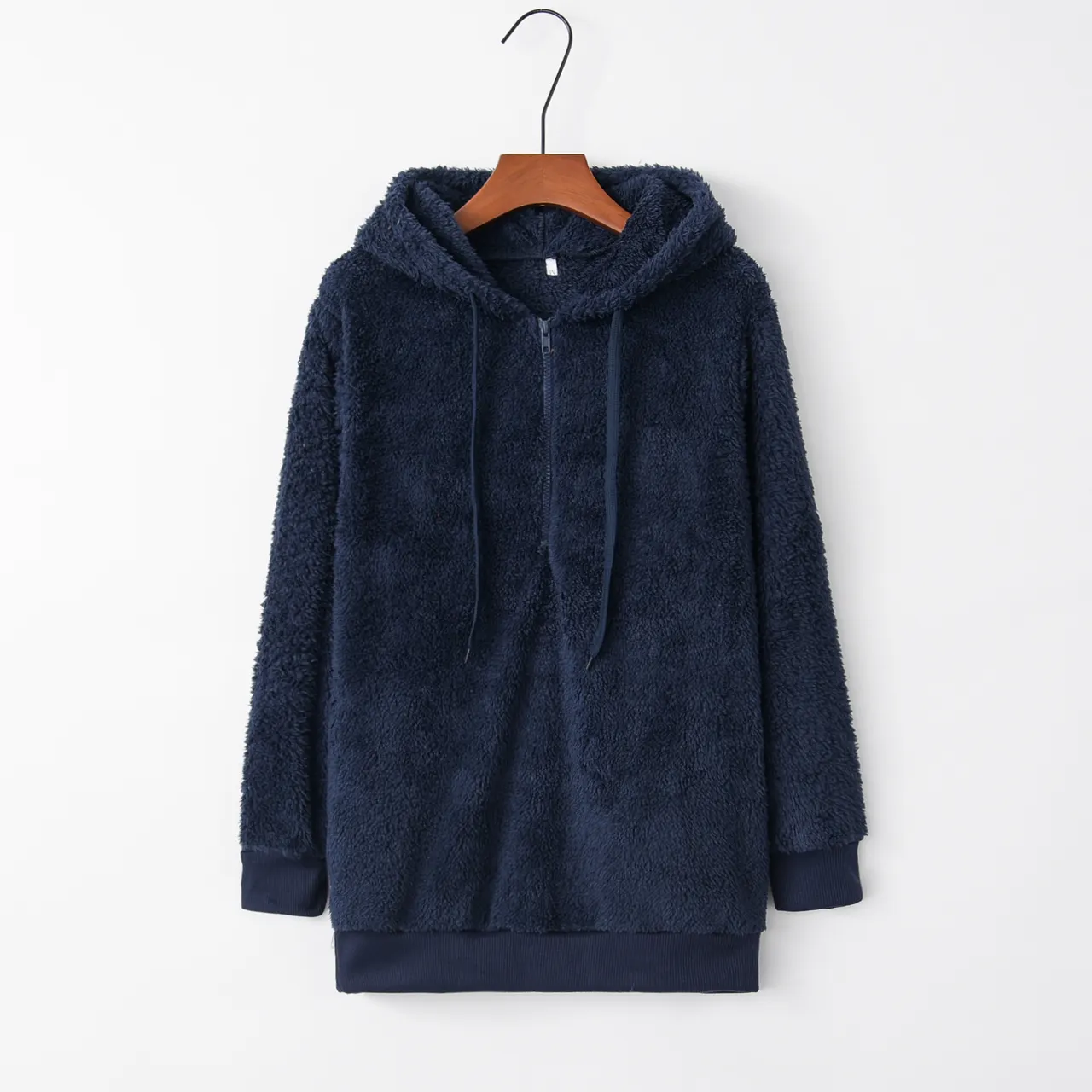 European And American Long Sleeve Hooded Solid Color Women's Fleece Pullover Coat - Sapphire Blue