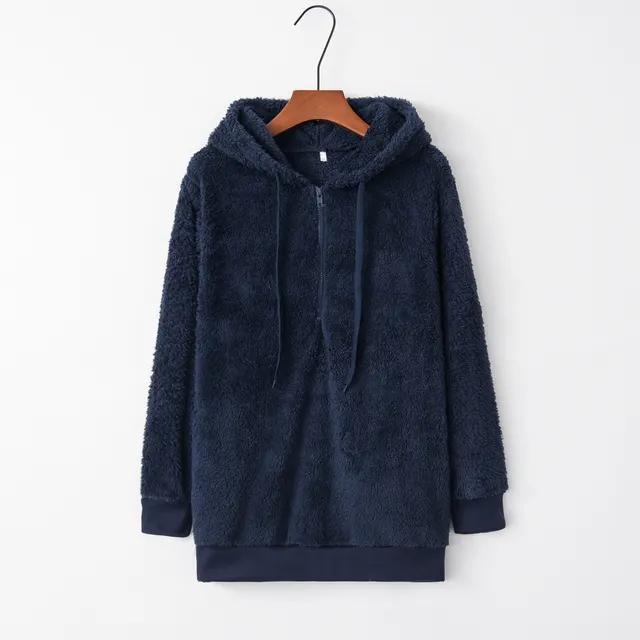 European And American Long Sleeve Hooded Solid Color Women's Fleece Pullover Coat Sapphire Blue - Shop at LoveMi
