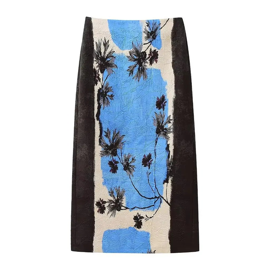 Spring New All-match Flower Print Back Slit Straight Midi Skirt