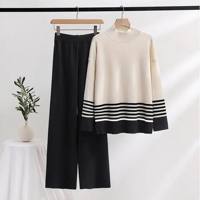 Casual Fashion Set Age reducing Knitted Top Wide Leg Black - Shop at LoveMi