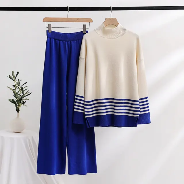 Casual Fashion Set Age reducing Knitted Top Wide Leg Blue - Shop at LoveMi
