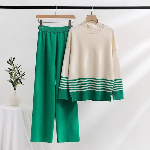 Casual Fashion Set Age reducing Knitted Top Wide Leg Green - Shop at LoveMi