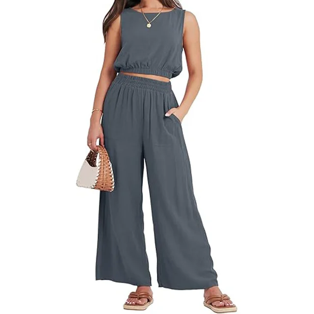 Casual Round Neck Sleeveless Elastic Lower Hem High Waist Wide Leg Two piece Set Dark Gray - Shop at LoveMi