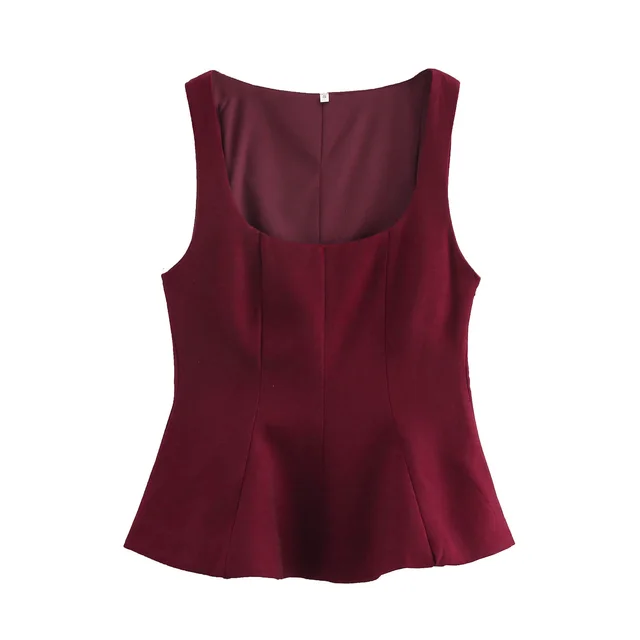 European And American Style Women's Square Collar Sleeveless Top Dark Red - Shop at LoveMi