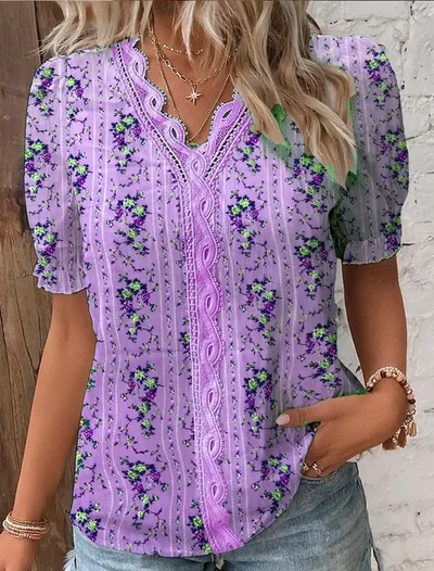 Holiday Fashion Digital Printing Hollow Short Shirt Violet - Shop at LoveMi