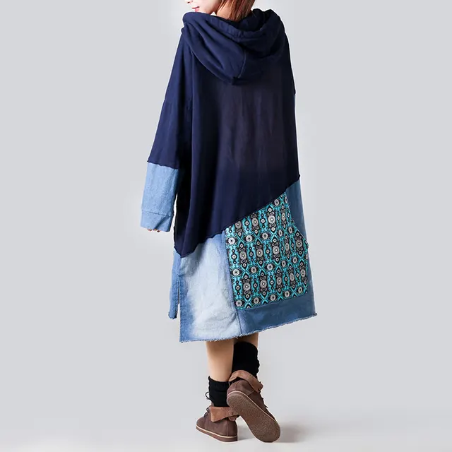 New Patchwork Plus Size Hooded Sweater Mid length Women Blue - Shop at LoveMi