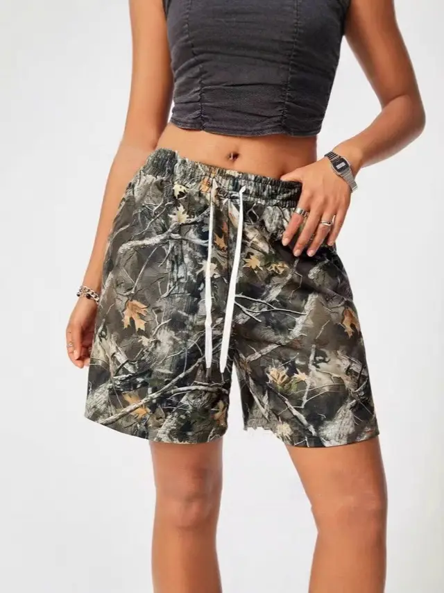 Women's Loose Casual Drawstring Branch Camouflage Printing Shorts Brown - Shop at LoveMi