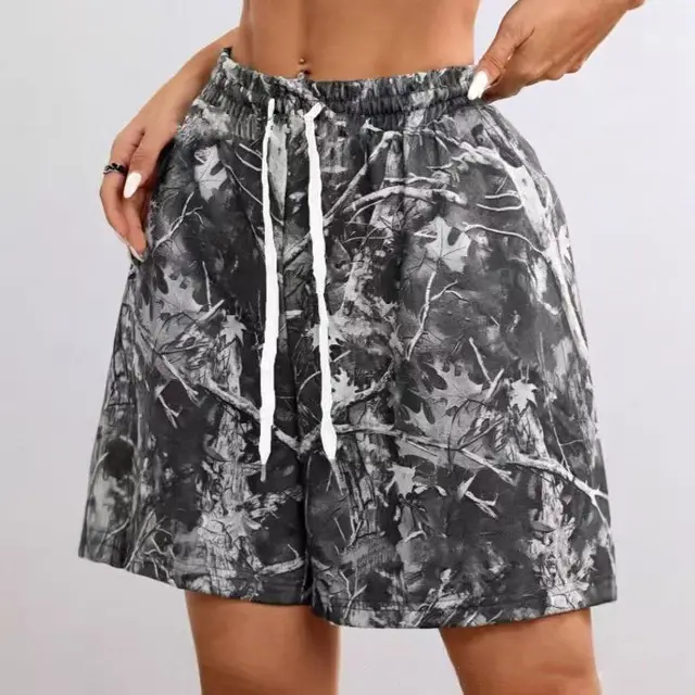 Women's Loose Casual Drawstring Branch Camouflage Printing Shorts Gray - Shop at LoveMi