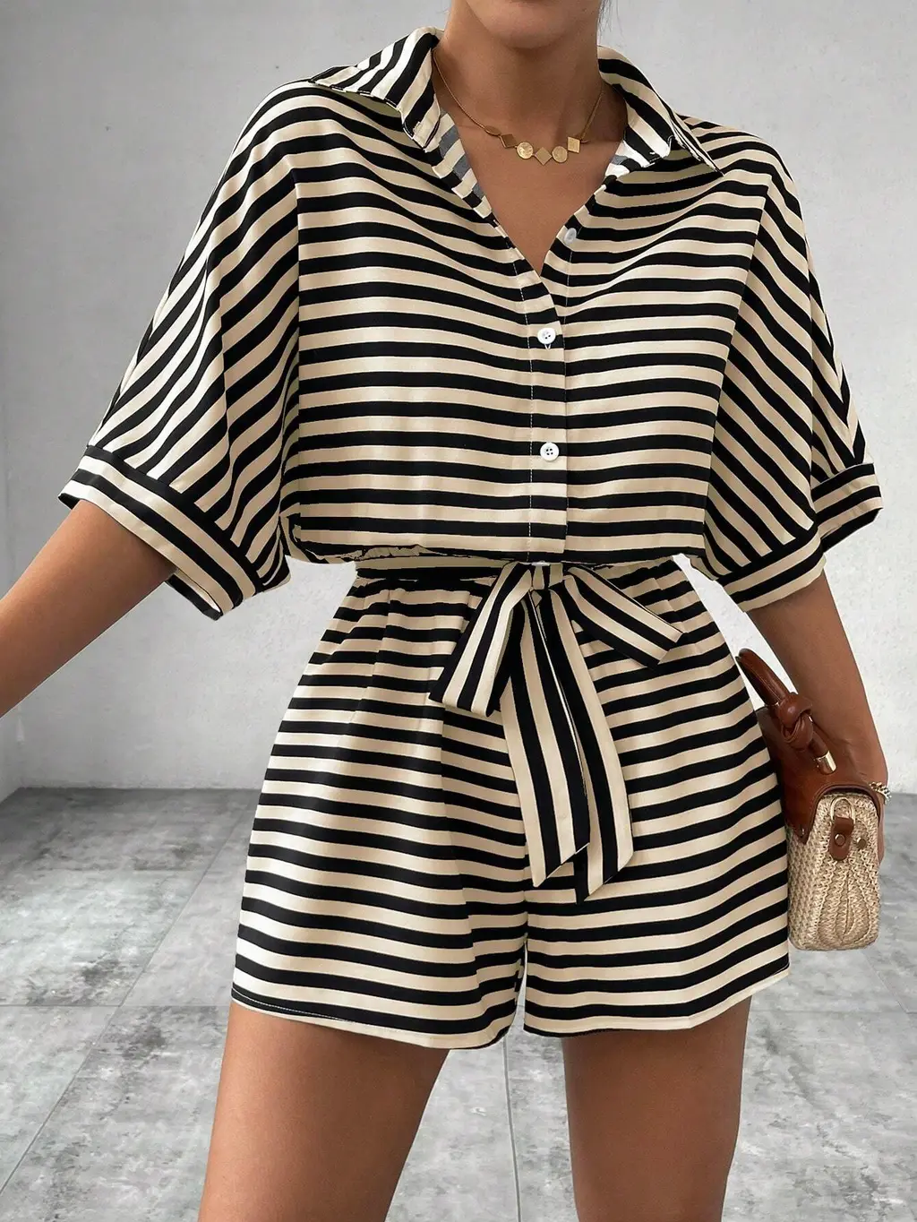 Striped Lapel Cardigan Button Half Sleeve Belt Shorts Suit Jumpsuit - Apricot Black Stripes