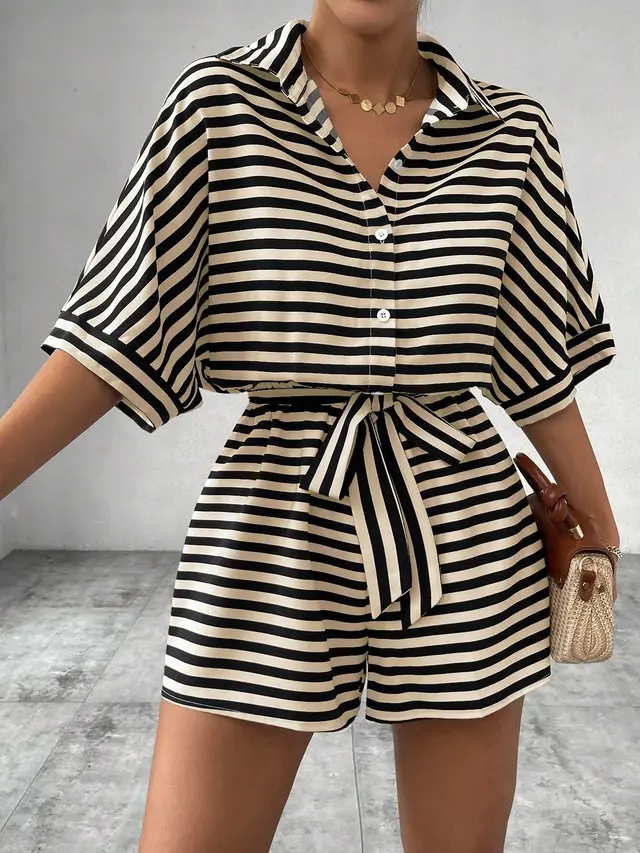 Striped Lapel Cardigan Button Half Sleeve Belt Shorts Suit Jumpsuit Apricot Black Stripes - Shop at LoveMi