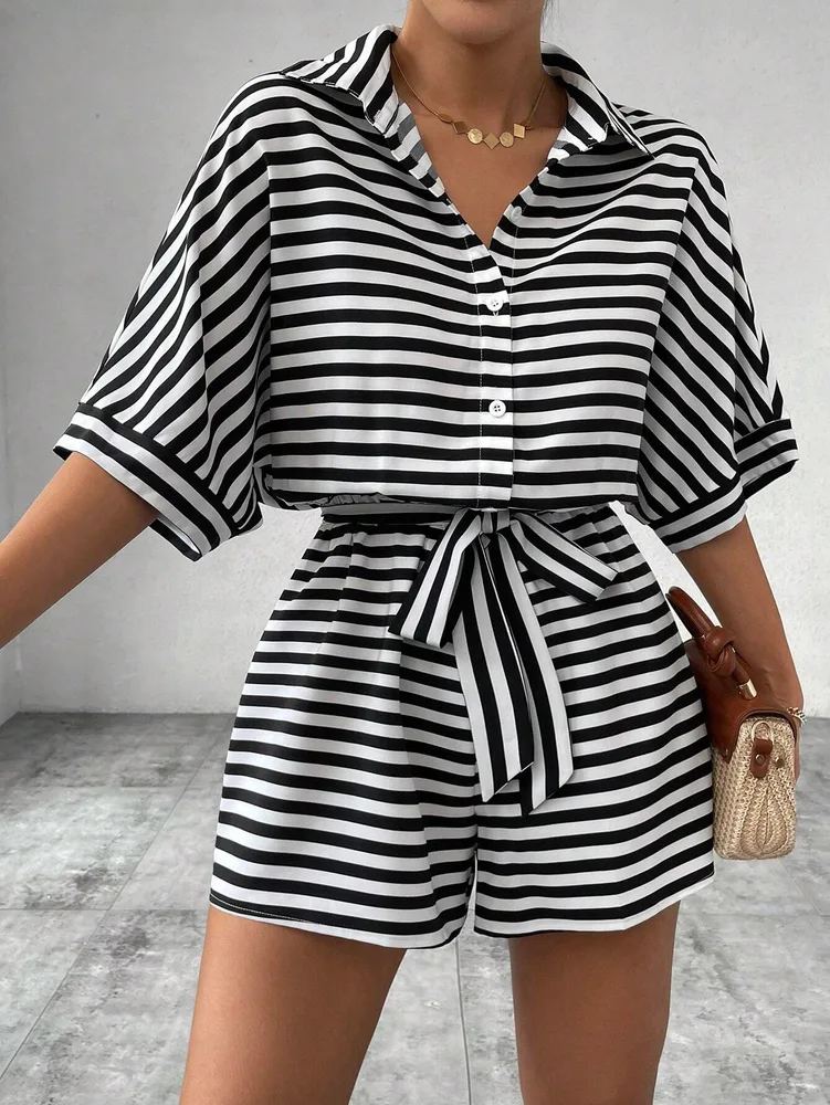 Striped Lapel Cardigan Button Half Sleeve Belt Shorts Suit Jumpsuit - Black