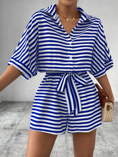 Striped Lapel Cardigan Button Half Sleeve Belt Shorts Suit Jumpsuit Blue - Shop at LoveMi