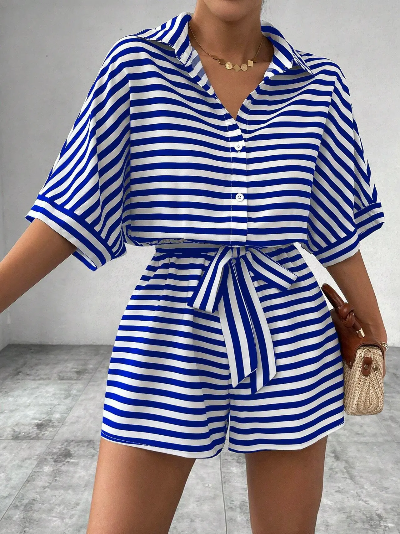 Striped Lapel Cardigan Button Half Sleeve Belt Shorts Suit Jumpsuit - Blue