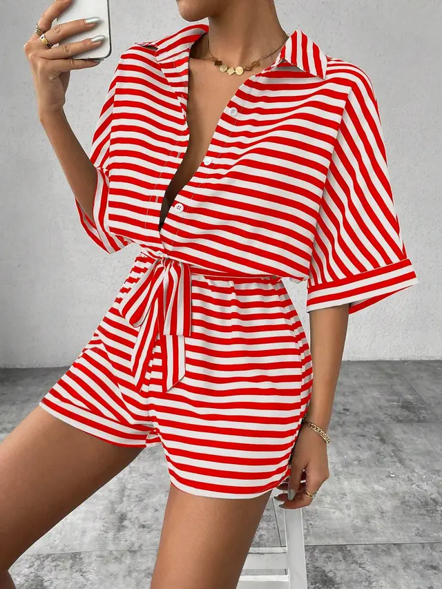 Striped Lapel Cardigan Button Half Sleeve Belt Shorts Suit Jumpsuit Red - Shop at LoveMi