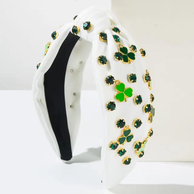 Rhinestone Green Clover Decoration Hair Accessories Hair Hoop Female White - Shop at LoveMi