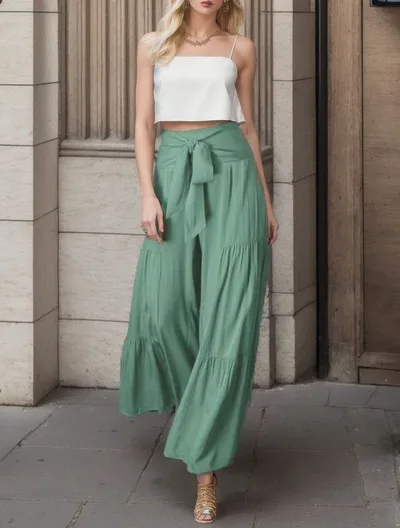 Women's Fashion Tie Elastic Waist Pleated Wide leg Pants Green - Shop at LoveMi