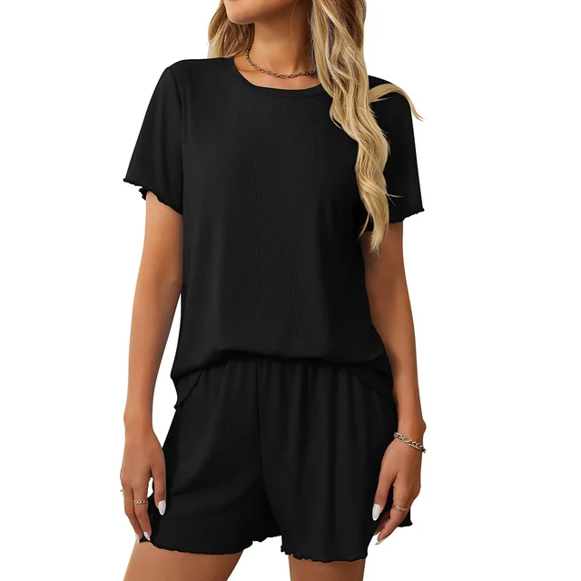 Women's Short sleeved Suit Solid Color Shorts Pajamas Homewear Clothing Black - Shop at LoveMi