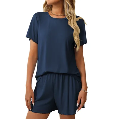 Women's Short sleeved Suit Solid Color Shorts Pajamas Homewear Clothing Navy - Shop at LoveMi