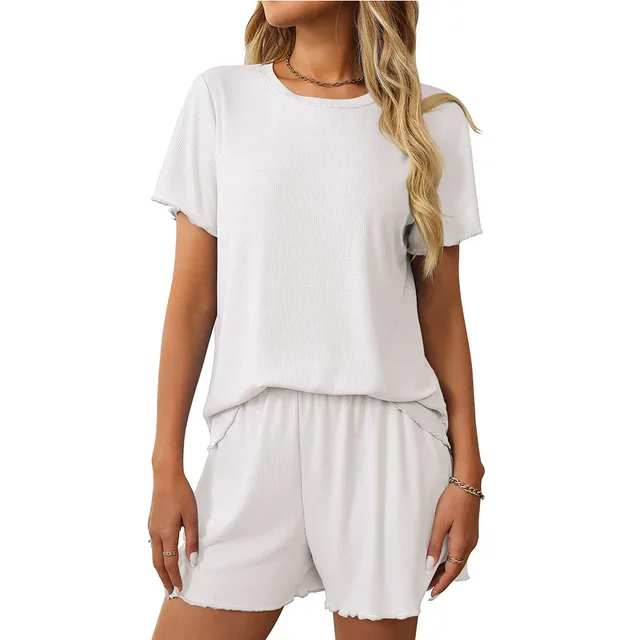 Women's Short sleeved Suit Solid Color Shorts Pajamas Homewear Clothing White - Shop at LoveMi
