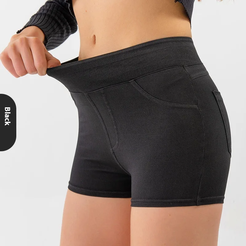 High Waist Hip Lift Yoga Denim Shorts Women's High Elastic Sports Fitness Shorts - Black