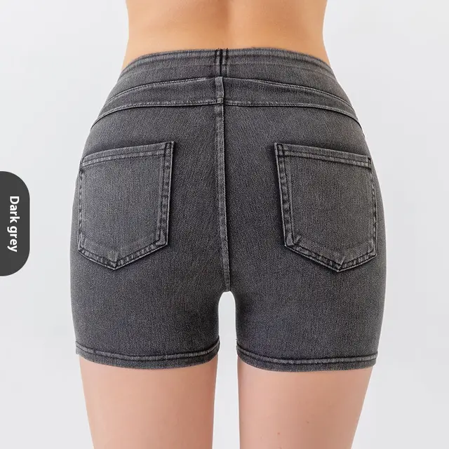 High Waist Hip Lift Yoga Denim Shorts Women's High Elastic Sports Fitness Shorts Dark Gray - Shop at LoveMi