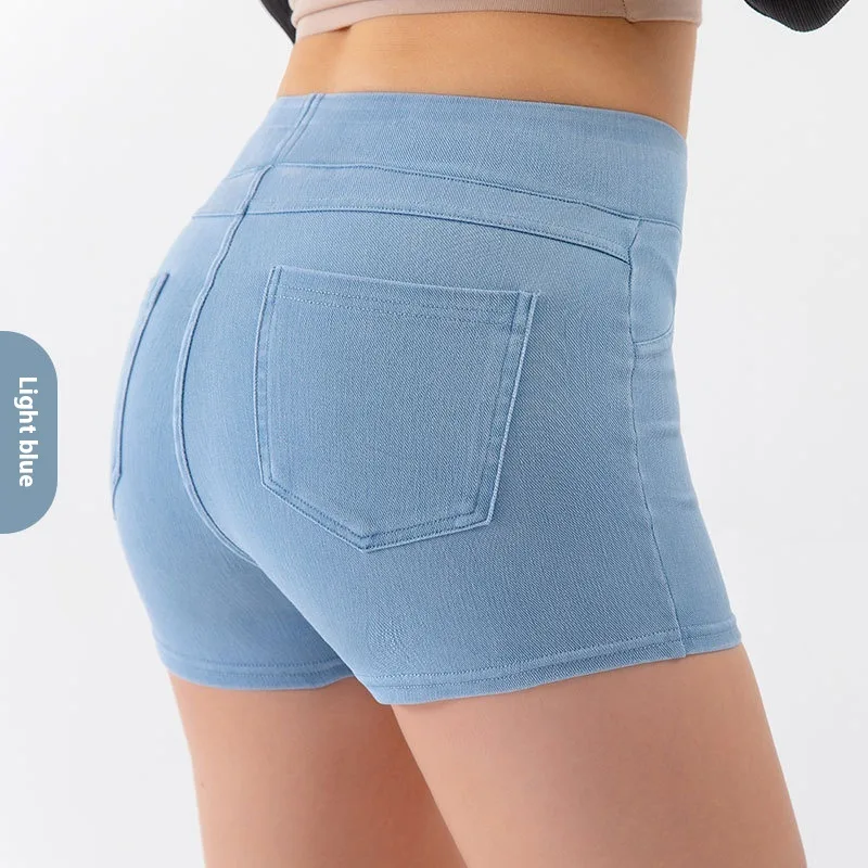 High Waist Hip Lift Yoga Denim Shorts Women's High Elastic Sports Fitness Shorts - Light Blue