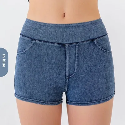 High Waist Hip Lift Yoga Denim Shorts Women's High Elastic Sports Fitness Shorts Medium Blue - Shop at LoveMi