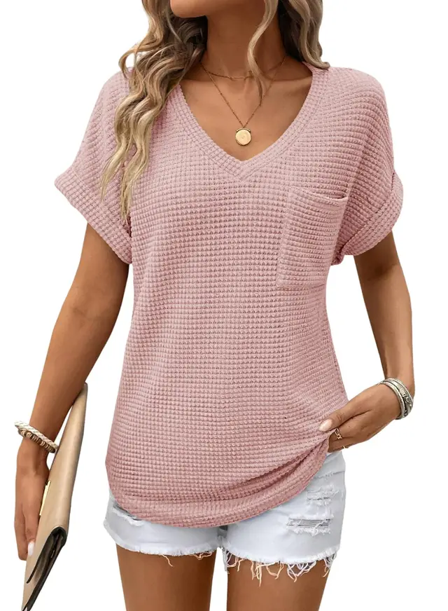 V neck Summer Short Sleeve Waffle Pocket Shirt Pink - Shop at LoveMi