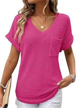 V neck Summer Short Sleeve Waffle Pocket Shirt Rose - Shop at LoveMi