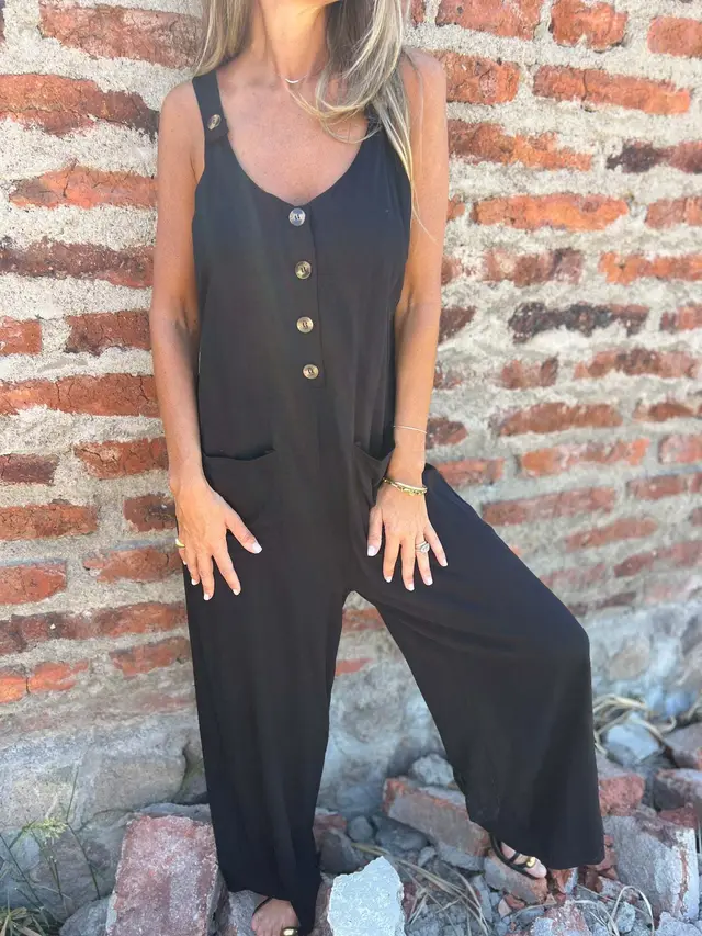 Women's Jumpsuit With Pockets Solid Color Loose Casual Buttons Long Pants Summer Black - Shop at LoveMi