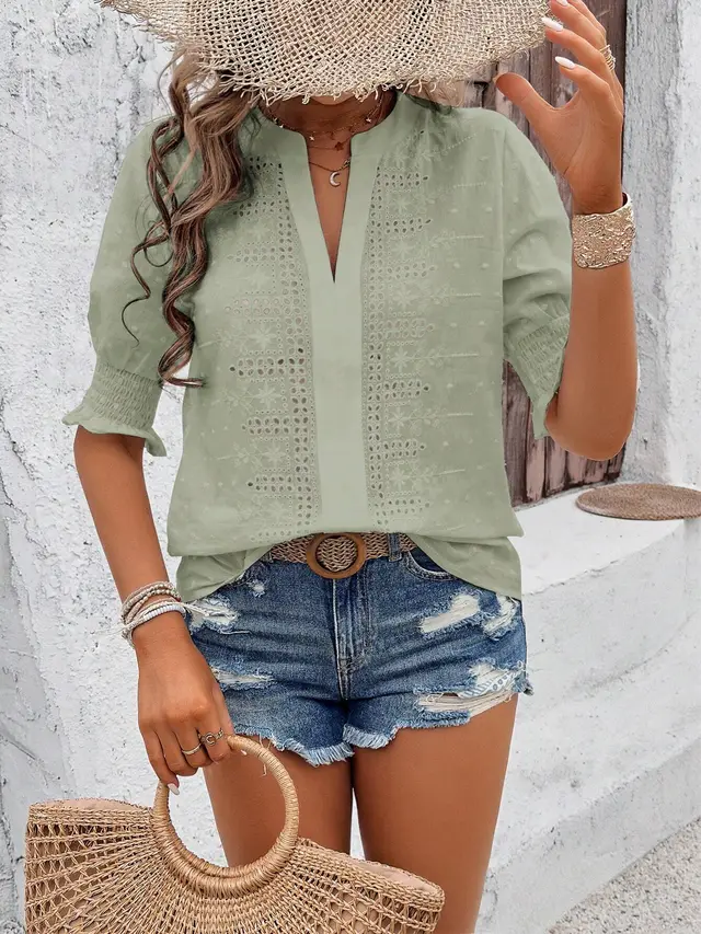 V neck Puff Sleeve Half Sleeve Hollow Hair Ball Solid Color T shirt Top Light Green - Shop at LoveMi