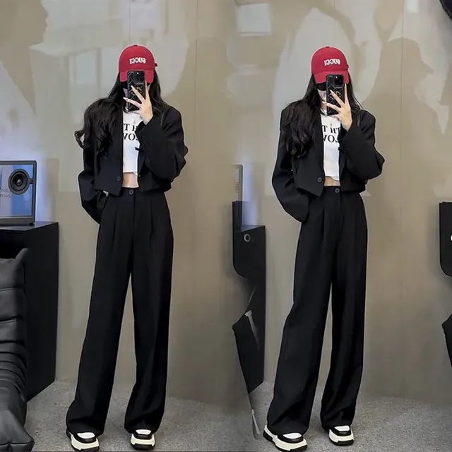 Short Suit Jacket, Casual Versatile Straight Leg Pants Black Suit - Shop at LoveMi